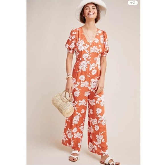 Anthropologie Dolan Nancy Jumpsuit Brown Floral Short Sleeve Wide Leg Boho Sz S - Picture 1 of 16